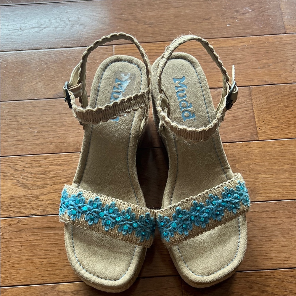 ❤️MUDD PLATFORM WEDGE SANDAL TAN/TURQUOISE-9.5-NWOT❤️